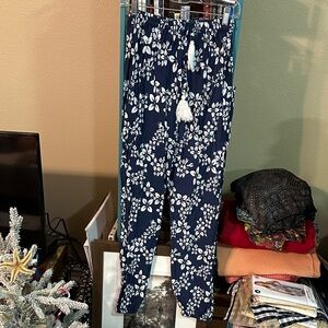 Western Aloha Floral Print Navy Rayon Joggers with White Accents